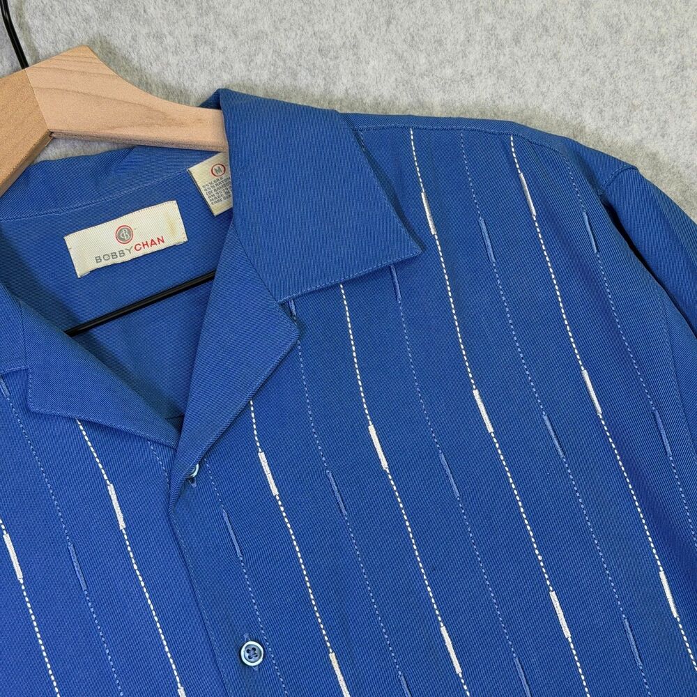 Bobby Chan Silk Blend Shirt Mens M Blue Striped Camp Hawaiian Button Up